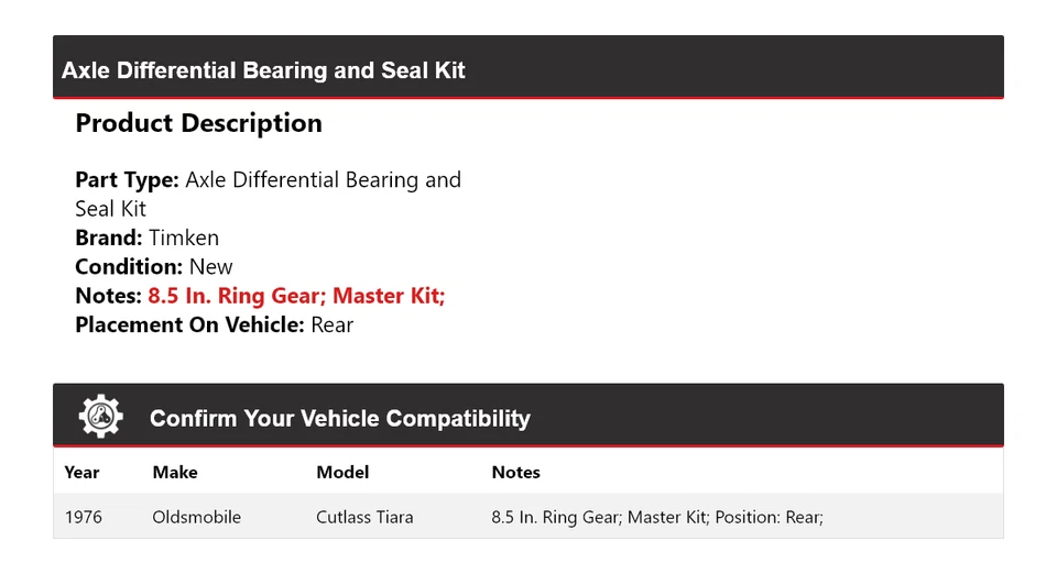 适用于 76 Oldsmobile Cutlass Tiara 轴差速轴承密封套件 后 Ti — 第 2/3 张图片
