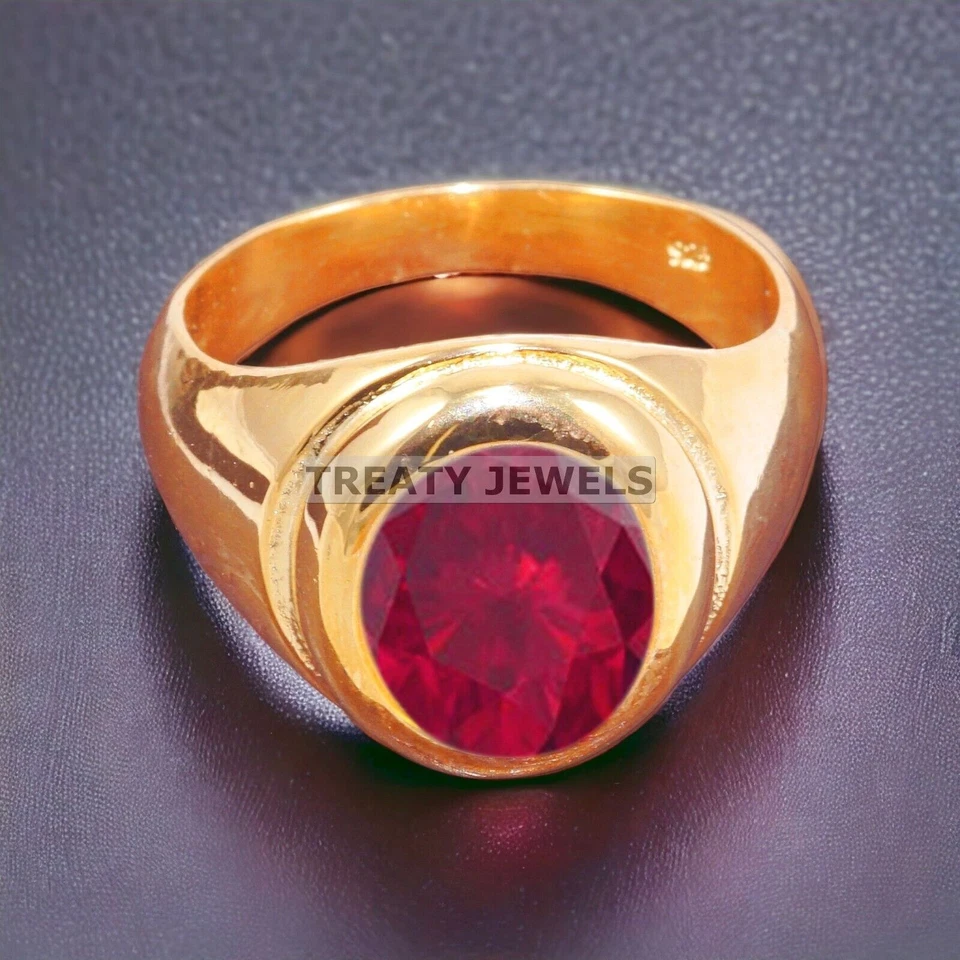 Ruby Oval Cut With 925 Sterling Silver Gold Plated Ring For Men's #A515 - Image 3 of 4