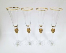 NEW SET OF 4 GOLD RIM,SPARKLING CRYSTALS+CLEAR CHAMPAGNE,FLUTE+STEM GLASS