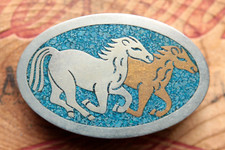 Vintage Hand Made Running Horses Turquoise Inlay Cowboy Cowgirl Belt Buckle