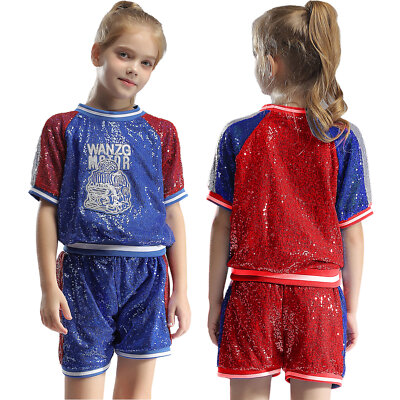 Red Rumba Short Kids Girls Outfit Active Jazz Short Sleeve Dance Rumba Tops With Shorts ...