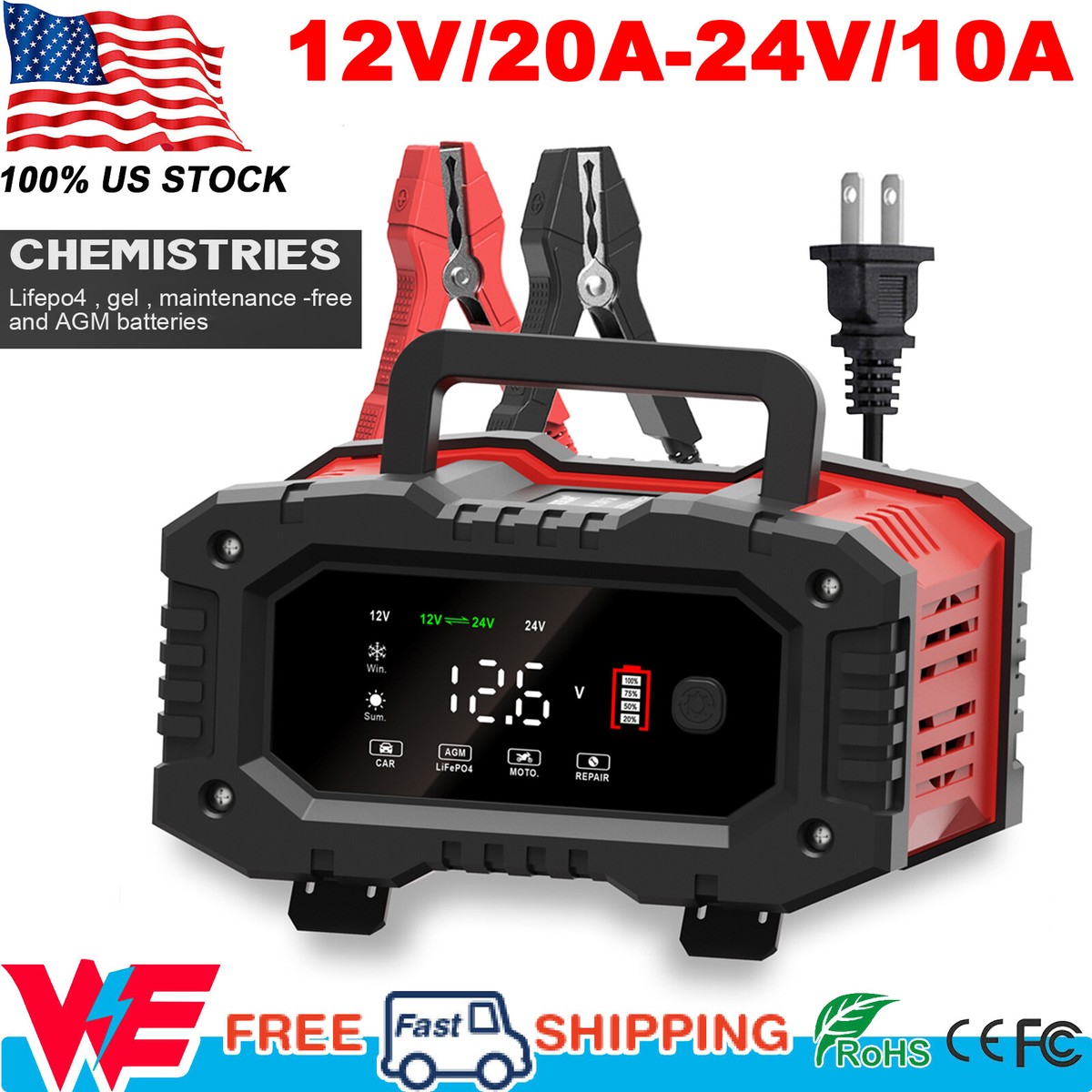 Lithium Battery 12v Battery Charger 0-10 Amp, Upgraded 12V/24V