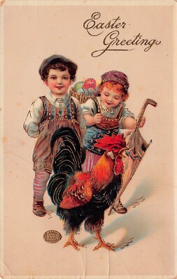 Antique Easter Card Rooster Gold Egg Ornament Fantasy Children Vtg Postcard D19