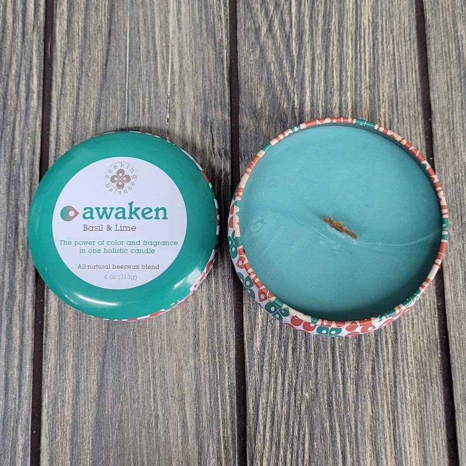 Velas raíz 4 oz despertar cera de abejas mecha de madera albahaca cal buscando equilibrio tarro de lata Foto 2 de 4