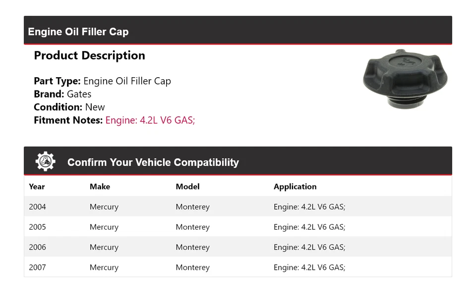 For 2004-2007 Mercury Monterey 4.2L V6 GAS Engine Oil Filler Cap Gates 2005 2006 - Image 2 of 4