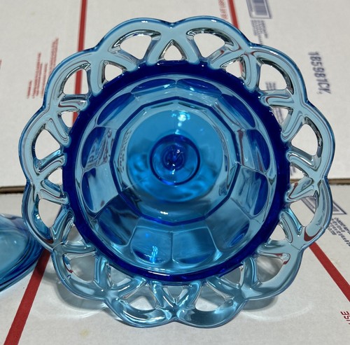 Vintage MidCentury Imperial Blue Lace Edge Pedestal Compote/Candy Dish With Lid - Picture 6 of 7
