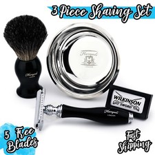 Double Edge Safety Razor Badger Hair Shaving Brush Wilkinson Blades Bowl Set
