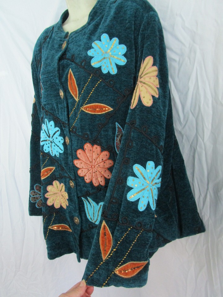 Indigo Moon Floral Appliques Teal Green Velvet Chenille Jacket Wearable