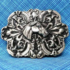Western Horse Floral Scroll Belt Buckle Cowboy Cowgirl Vtg 70s Bergamot .PCB136