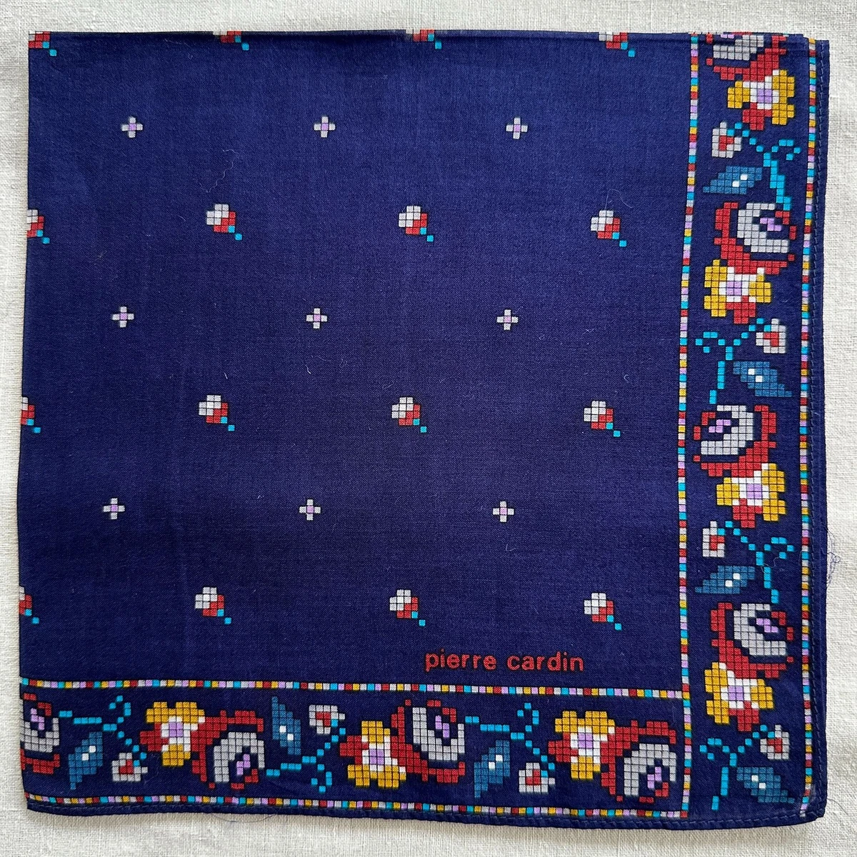 VTG Handkerchief Blue Cotton Floral Cross-Stitch Red Yellow Pocket Square 16"~G