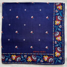 VTG Handkerchief Blue Cotton Floral Cross-Stitch Red Yellow Pocket Square 16" G