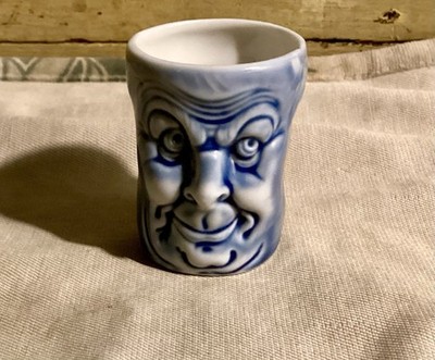 Shafer And Vater BLUE Porcelain SHOT GLASS Happy Sad Faces From LIQUOR SET