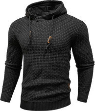 Mens Hooded Sweatshirt Long Sleeve Solid Knitted Hoodie Pullover Sweater