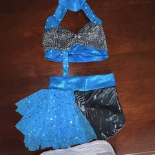 Girls Blue Sequin Dance Costume Set Halter Top Shorts Tulle Skirt Large Child