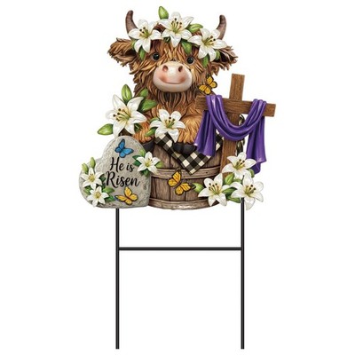 Easter Outdoor Decor Highland Cow Metal Garden Stakes Decorative He is Risen Hi 