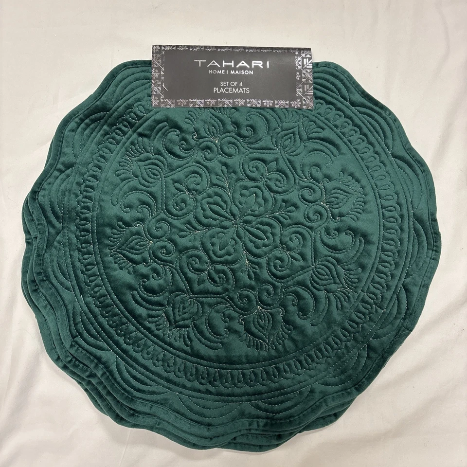 Tahari Weihnachten Grün Samt Velours Überbackene Tischsets 16,5" 4er Set Neu