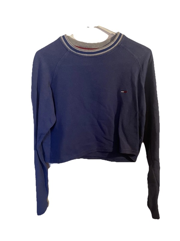 Tommy Hilfiger Navy Blue Logo  Crop Top Adult Long Sleeve Size Small