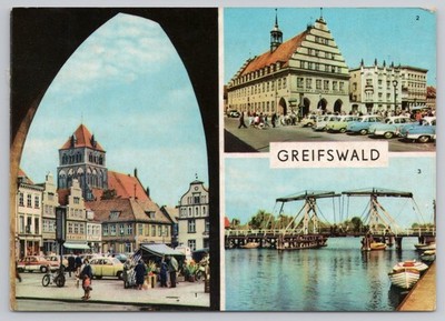 Vintage Photochrome Greifswald Germany Postcard Featuring Rathaus & Bridge