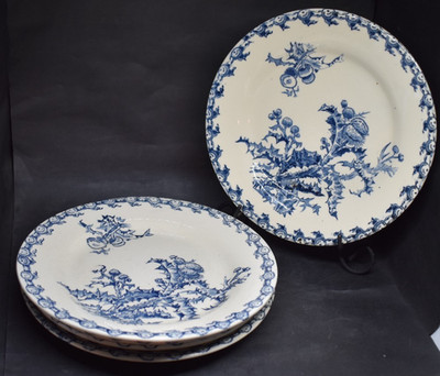 French Faience Gien Pottery  Transferware Blue Thistle Plates Chardons Set of 5