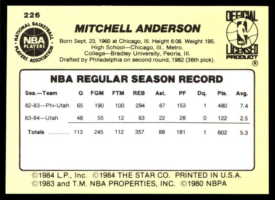 1984-85 Mitchell Anderson Star Basketball #226 *NICE* - Image 2 of 2