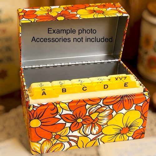 Vintage 70s MCM Metal Recipe Box Holder w Recipe Tabs Flower Power 6.6”x6”x4.75”