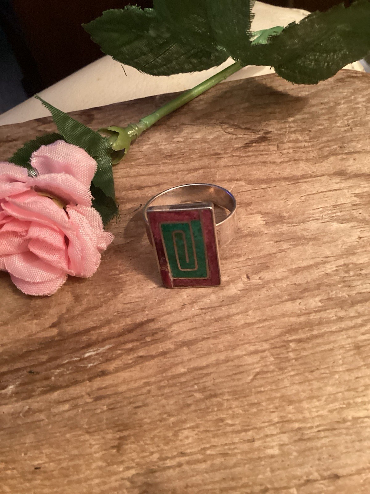 950 Silver Modernist Statement Ring Geometric Inl… - image 1