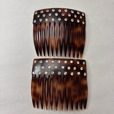Vintage Plastic  Rhinestone Hair Combs Set of 2 Tortoiseshell W Clear Crystals