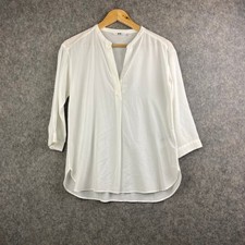 UNIQLO Blouse Womens XS V Neck 3/4 Sleeve Tunic Top White Viscose Blend