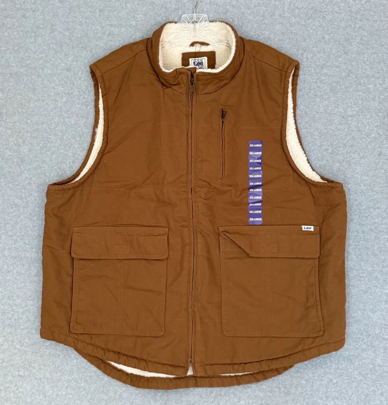 NEW! Lee Workwear Chore Vest Mens 2XL Brown Full-Zip Canvas Warm Sherpa Lined
