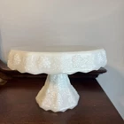 Vintage 10” Anchor Hocking Skirted Harvest Grape Milk Glass Cake Stand Pedestal