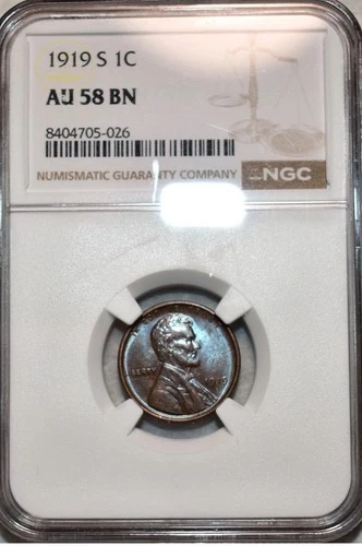 NGC AU-58 BN 1919-S Lincoln Cent, Attractively Toned, PQ specimen.