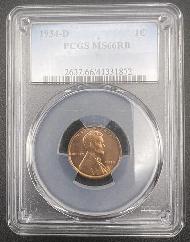 1934 D Lincoln Cent PCGS MS66 RB