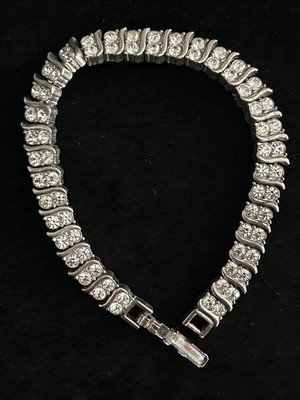 Silver Tone Cubic Zirconia CZ S-Link ZigZag Wave Tennis Bracelet 7.5  Box Clasp