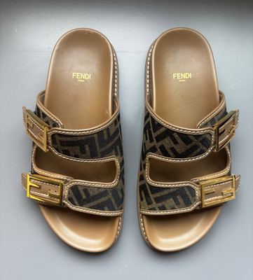 Fendi Women s Feel/Logo Slide Sandals Brown/Black/Gold Buckle Straps IT 39/US 9