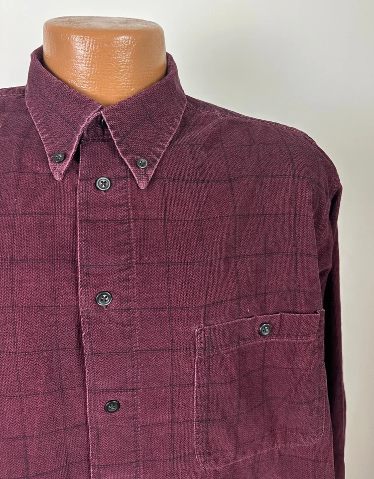 Vintage 90s Corduroy Shirt Men Large Burgundy Check Faded Minimal Marc Edwards - Image 2 of 4