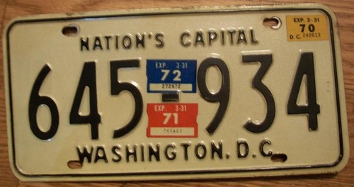 WASHINGTON DC DISTRICT of COLUMBIA LICENSE PLATE 1972 645-934 NATION'S CAPITAL