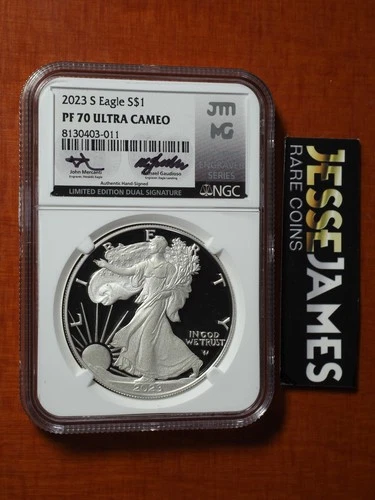 2023 S PROOF SILVER EAGLE NGC PF70 MERCANTI GAUDIOSO LIMITED EDITION DUAL SIGNED