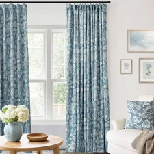 Dusty Blue Pinch Pleated Drapes,Blackout Boho Floral Farmhouse Patterned Ston...