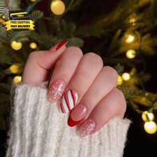24Pcs Christmas Press on Nails Short Almond Red White Stripe Fake Nails Press O