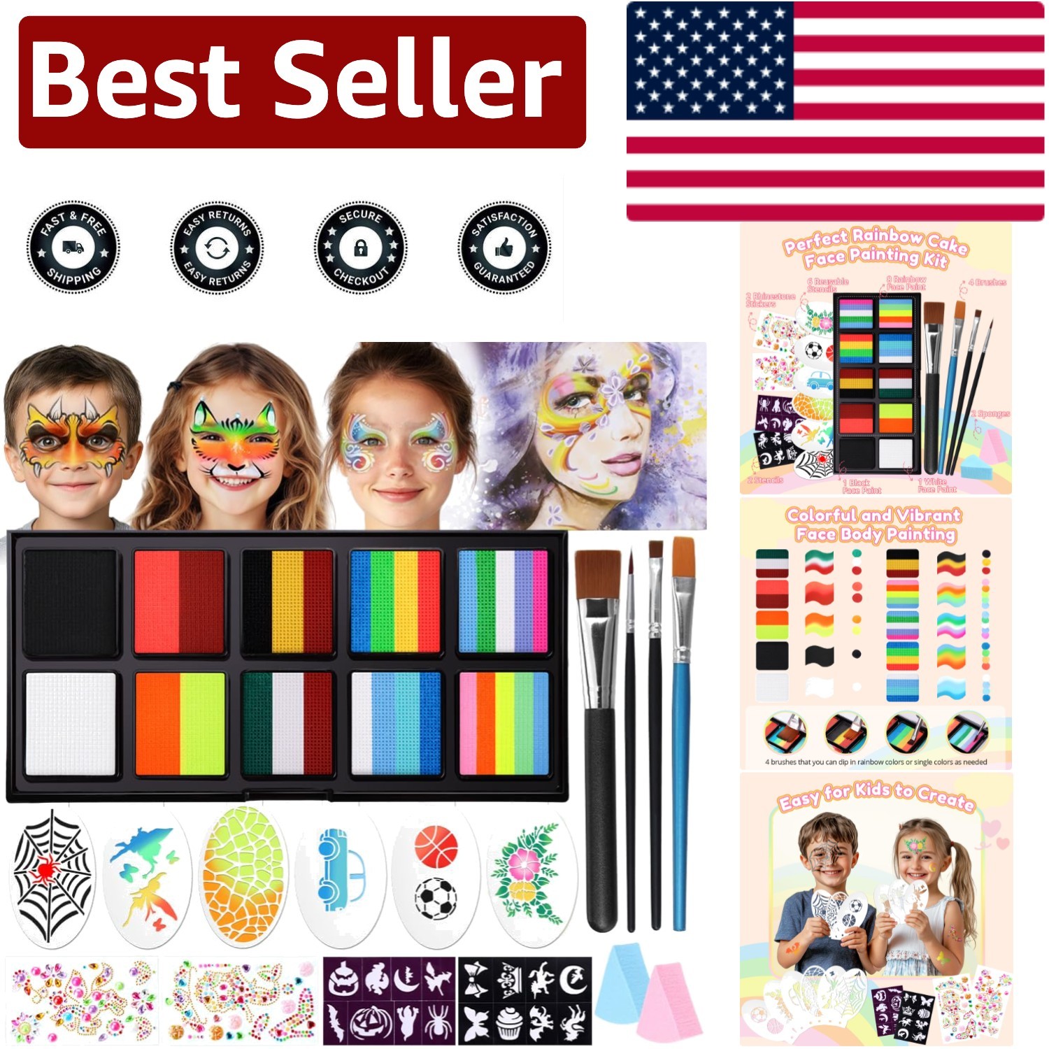 Vibrant Rainbow Face Paint Kit - Water Activated for Kids & Festivals, 12 Colors