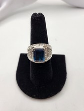 London Blue Emerald Cut Center Halo Colorless Topaz Concave Ring Size 7 3/4