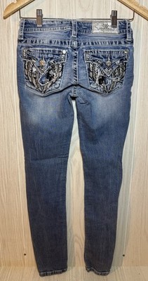 Miss Me Jeans Womens 25 Blue Signature Ankle Skinny Embroidered Distressed Wings