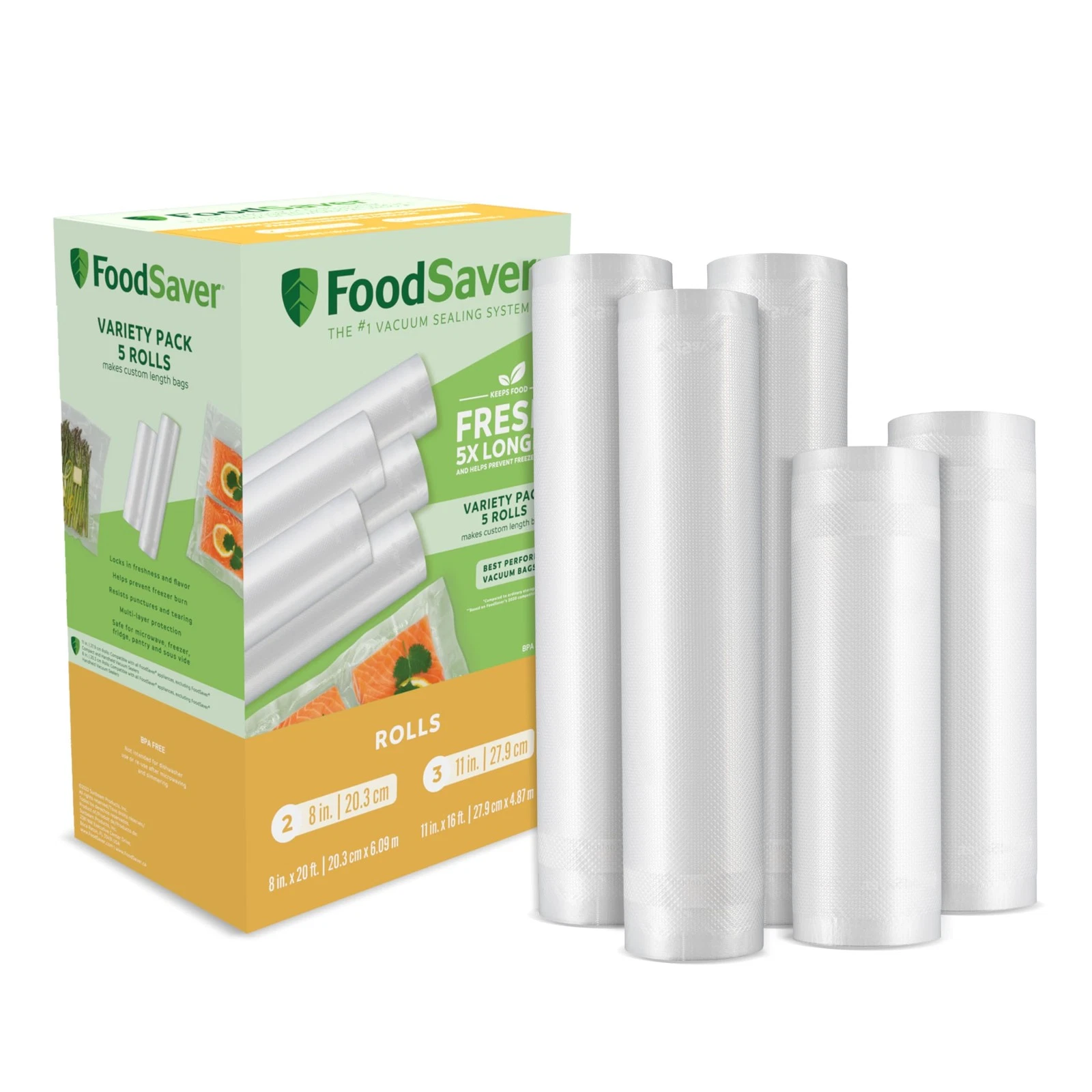 FoodSaver Custom Length Vacuum Sealer Bags 5-Pack (Two 8") (Three 11"), Clear
