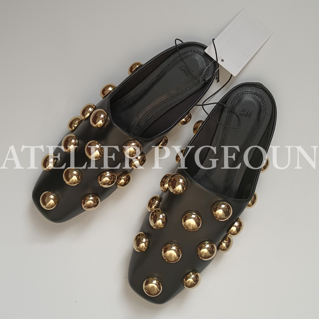 NWT H&M A/W 2024 Embellished Coated Mules Black/Gold-colored