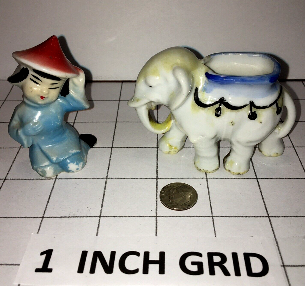 Ceramic Lusterware Elephant, Japanese Girl Figurine, Set of 2. Signed Japan F-2E
