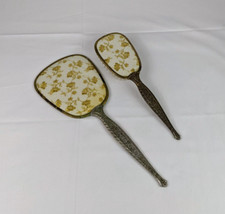 VTG Victorian Nylon Hand Brush Mirror Floral Gold Silver Vanity Dresser Prop