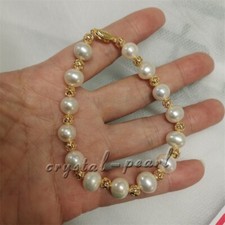 Beautiful 7.5-8" AAA 10-9 Mm Natural South Sea White Pearl Bracelet 14k Gold