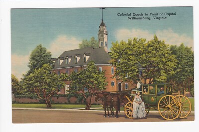 Colonial Coach In Front Of Capitol Williamsburg Virginia Carriage Linen Postcard
