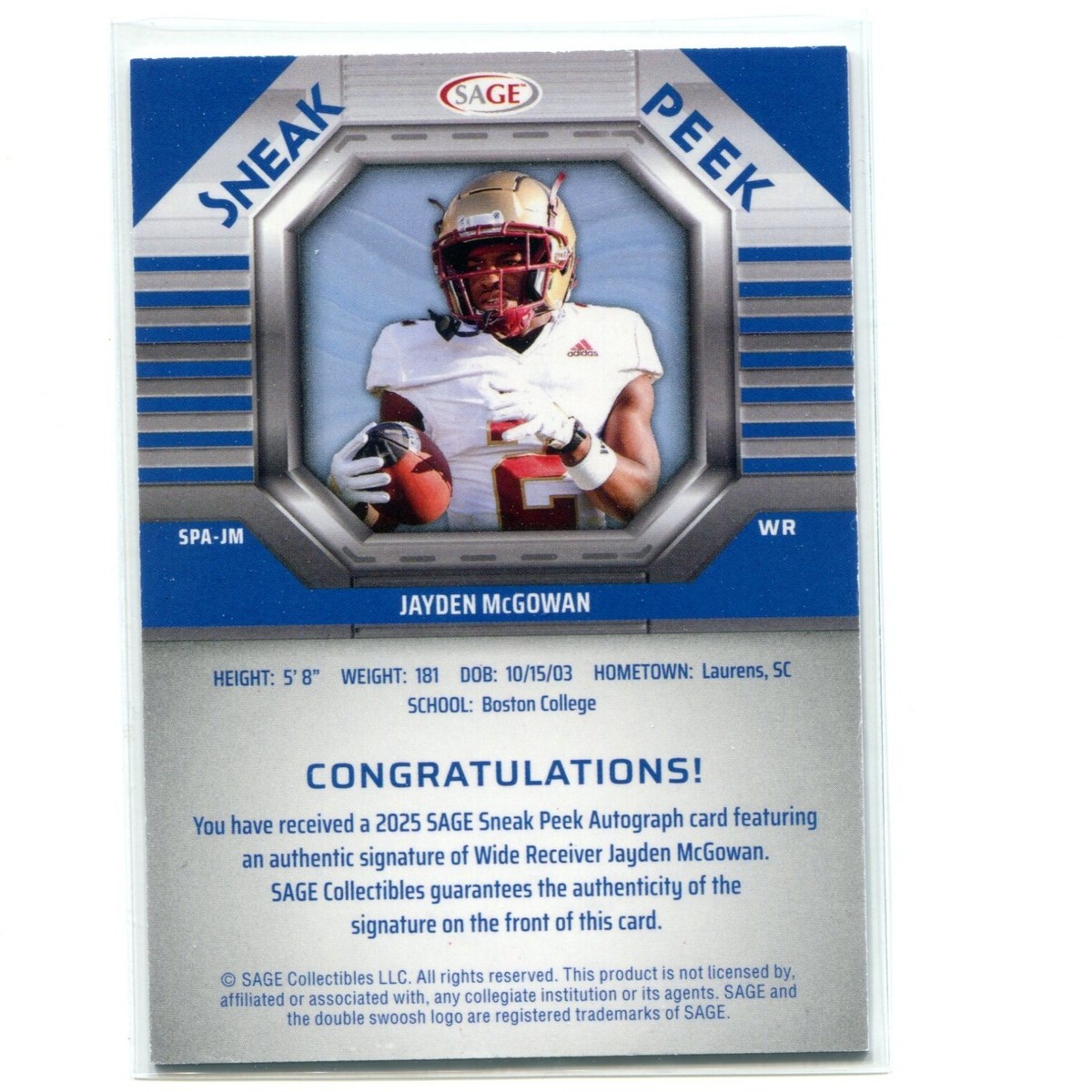 2025 Sage Low Series Football Jayden McGowan Sneak Peek Auto 2025 Sage Low Series Football Jayden McGowan Sneak Peek Auto