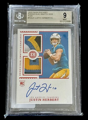 JUSTIN HERBERT 2020 Panini Encased RPA RC RUBY SSP /15 Patch AUTO BGS 9 10  
